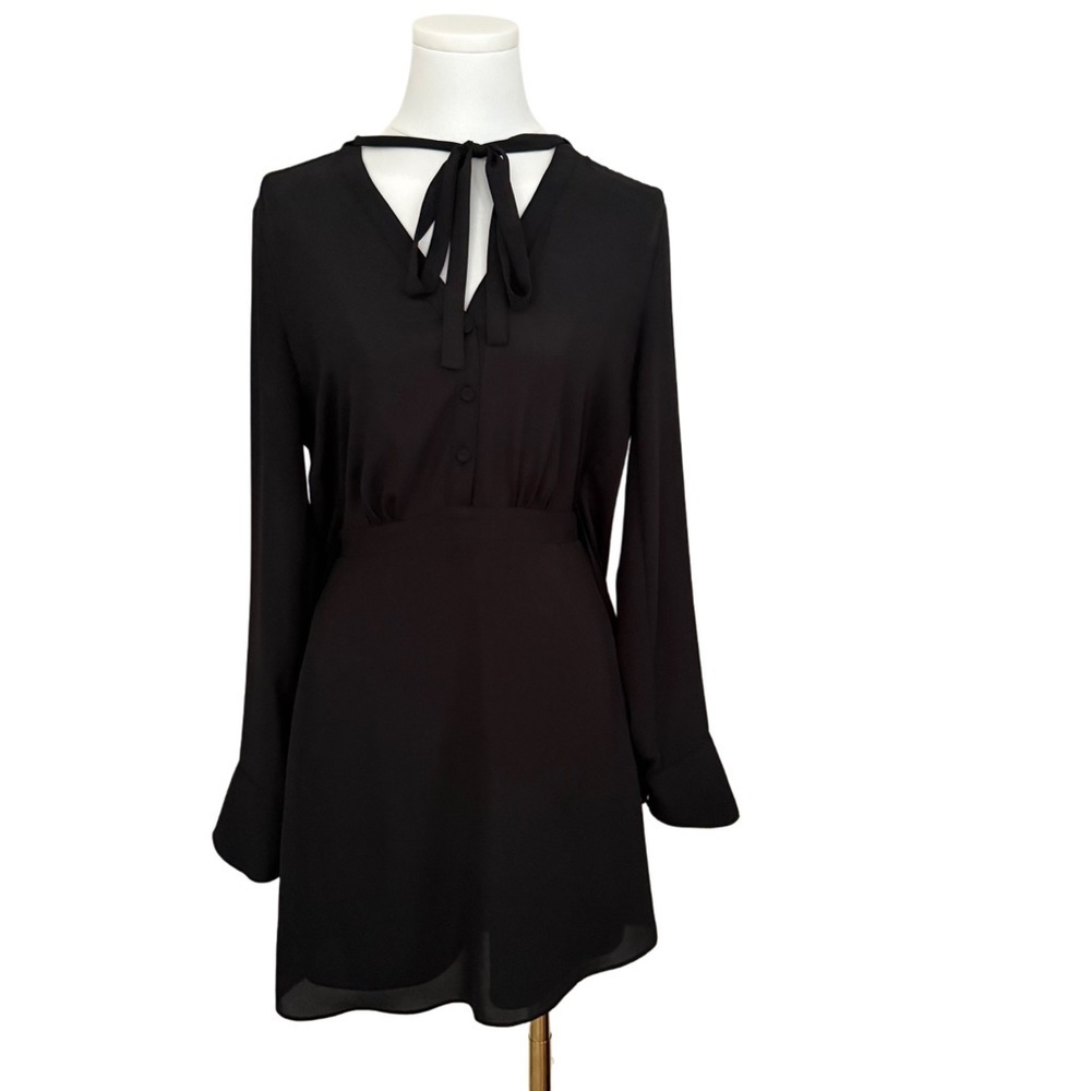 BCBGMaxAzria Lani Blouse Dress Black Long Sleeve Sheer Modern Chic